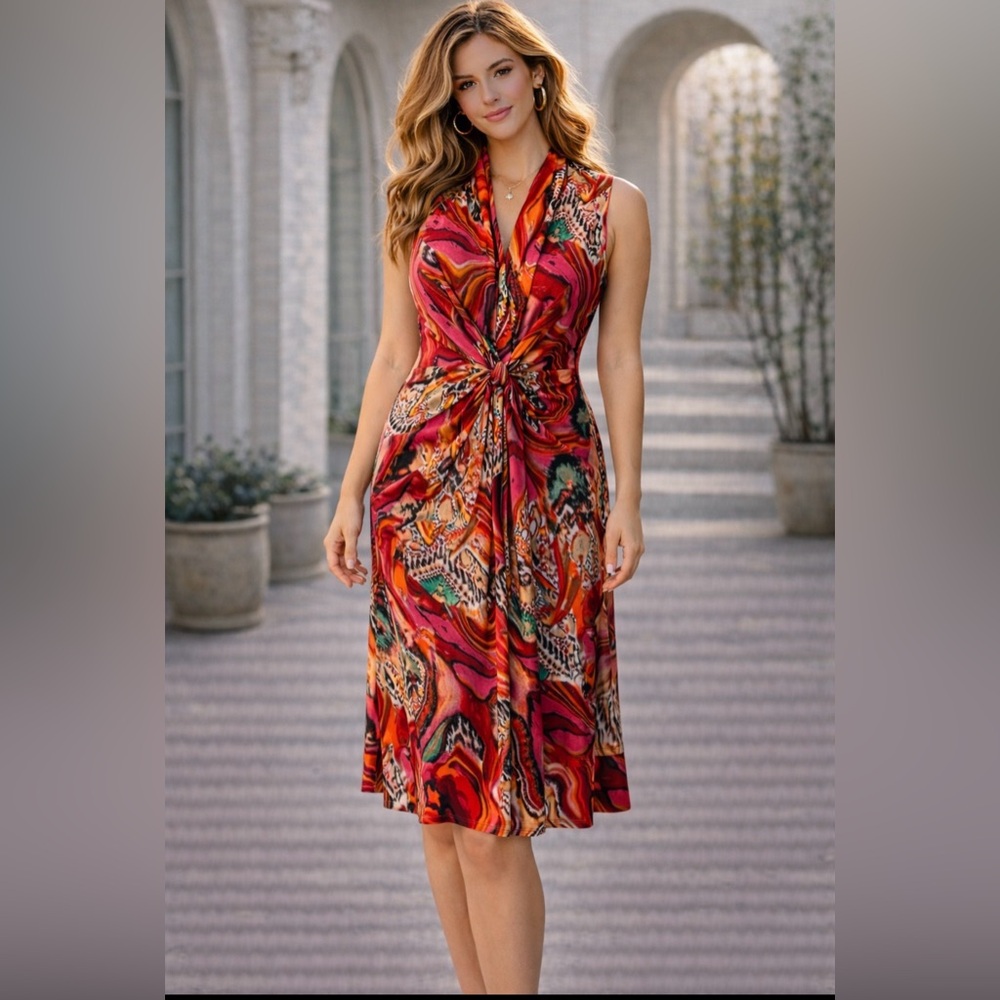 Connected Midi Dress 12 Fire Pink Green Orange Black Washable A Line New NWT